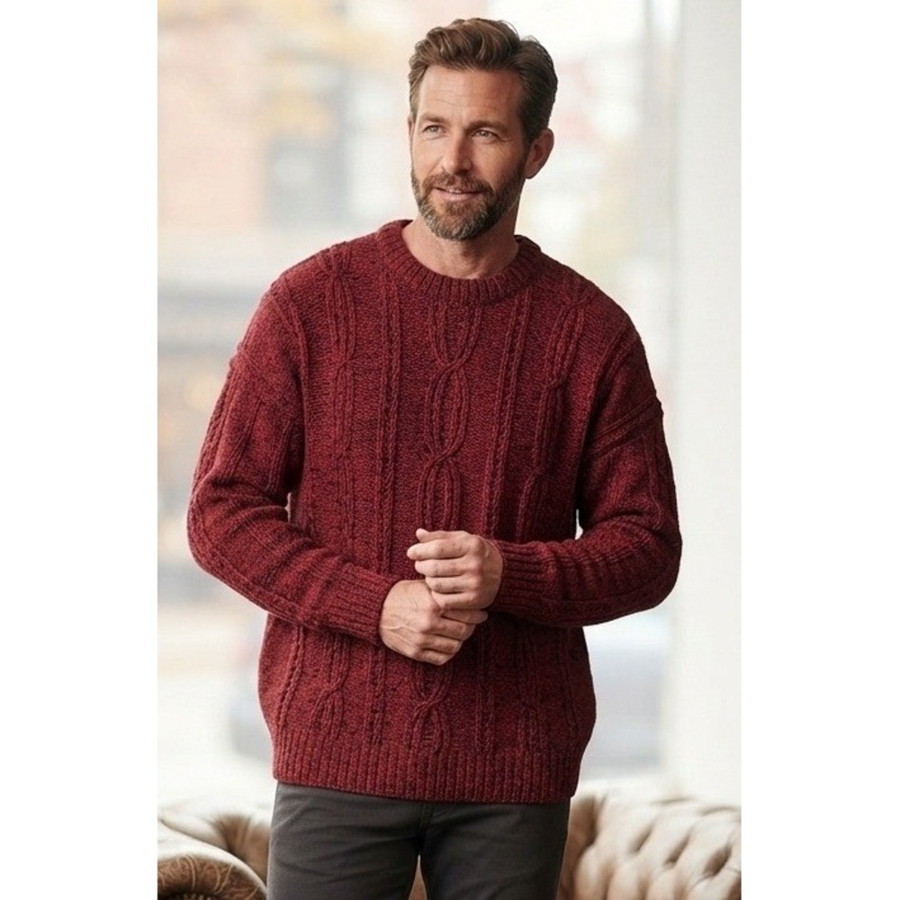 Bonner Ireland Wool Cable Knit Sweater Mens XL Red Handloomed Pullover Fisherman